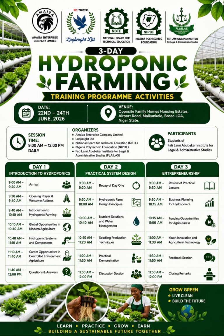 NIPOF and Luqknight Ltd Flag Off 3-Day Intensive Hydroponic Farming Training in Niger State
